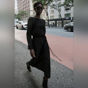 NWT SIZE SMALL BELTED CREPE MIDI DRESS BLACK ZARA 8864/583/800